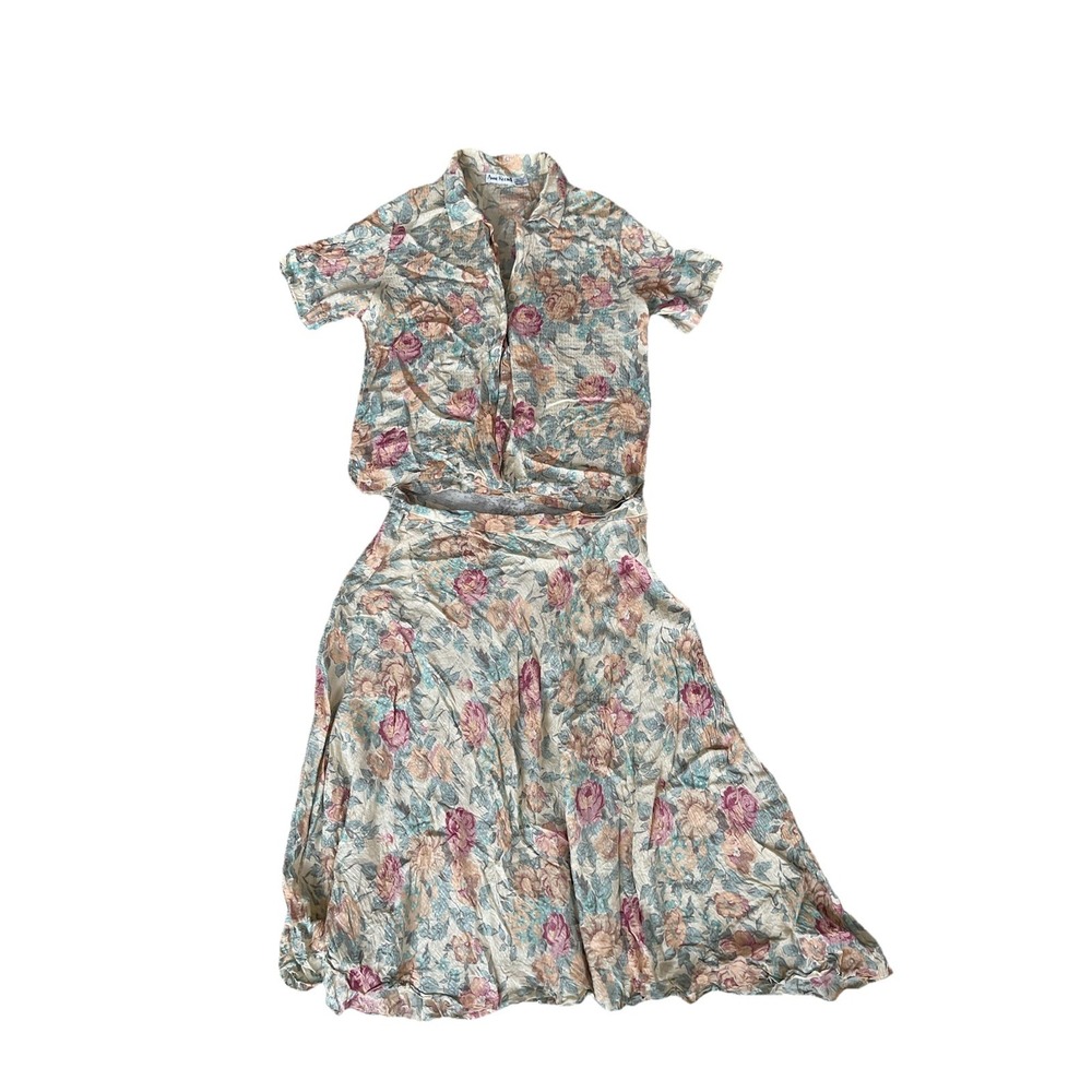 Vintage Anne Klein II Silk Floral‎ 2-Piece Set Blouse & Midi Skirt Women's Sz 14